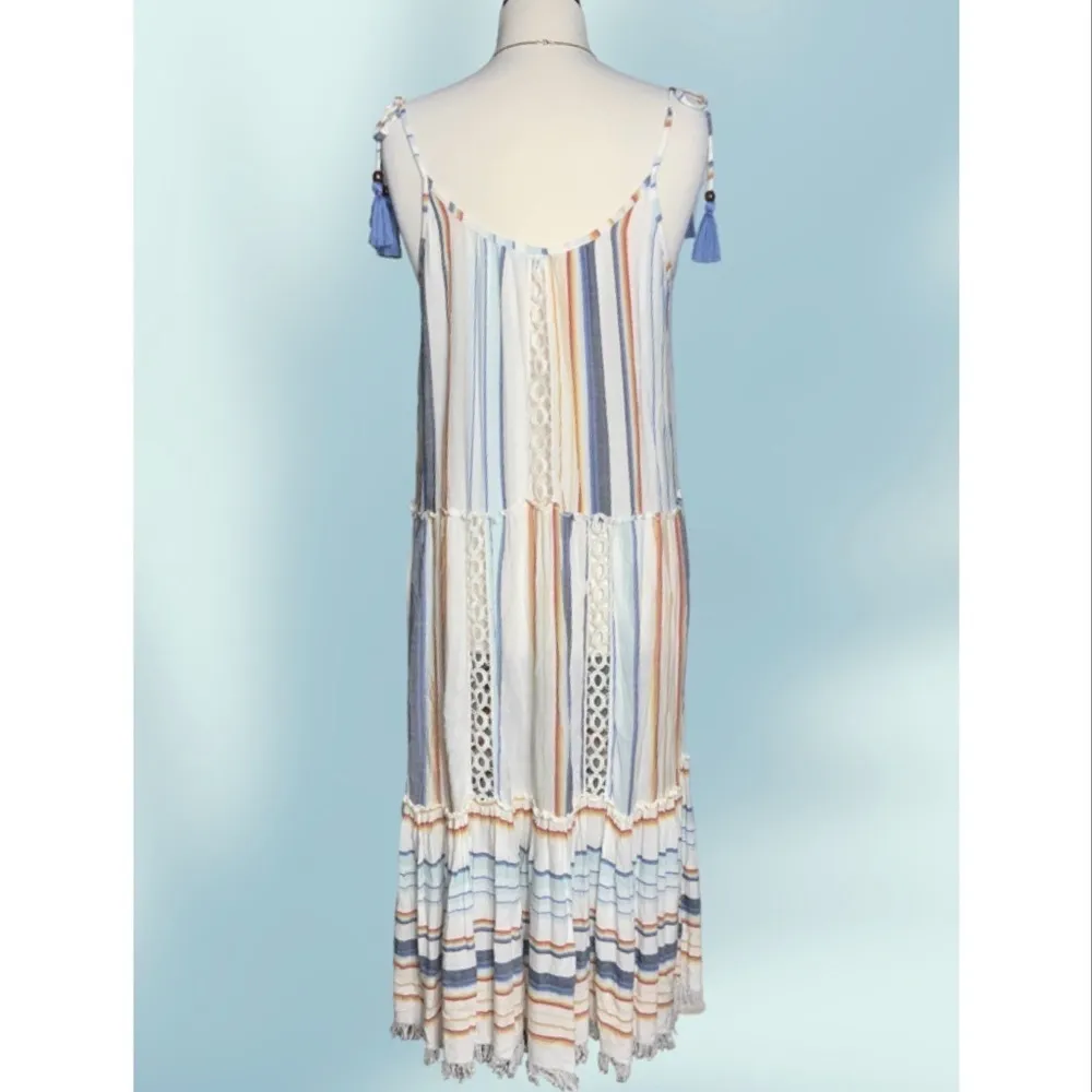 Blue Island Multicolor Stripes White Boho Fringe Hem Tie Strap Summer Dress XL - Image 3