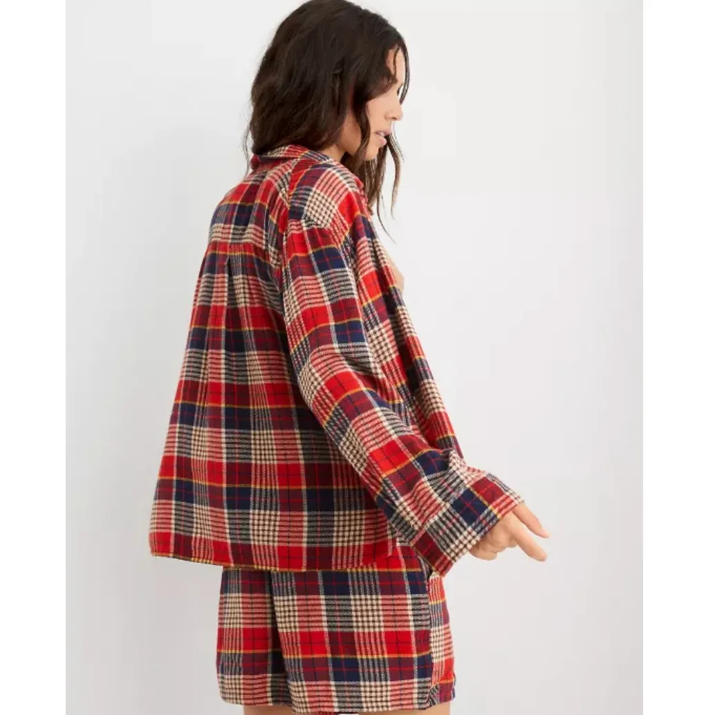 Aerie Top Womens Small Red Plaid Flannel Pajama‎ Button Up Top Soft Cotton Blend - Image 3