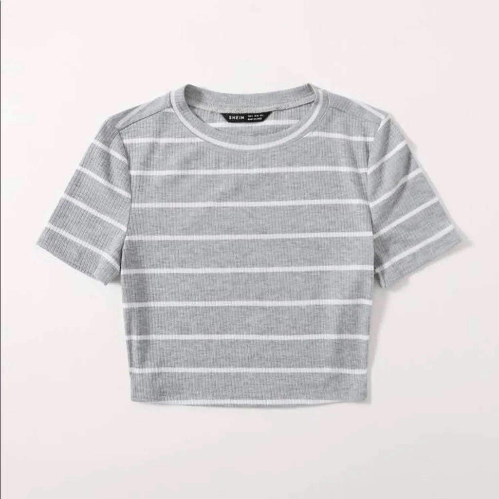 New SHEIN Striped‎ Rib-Knit Tee light grey - Image 4