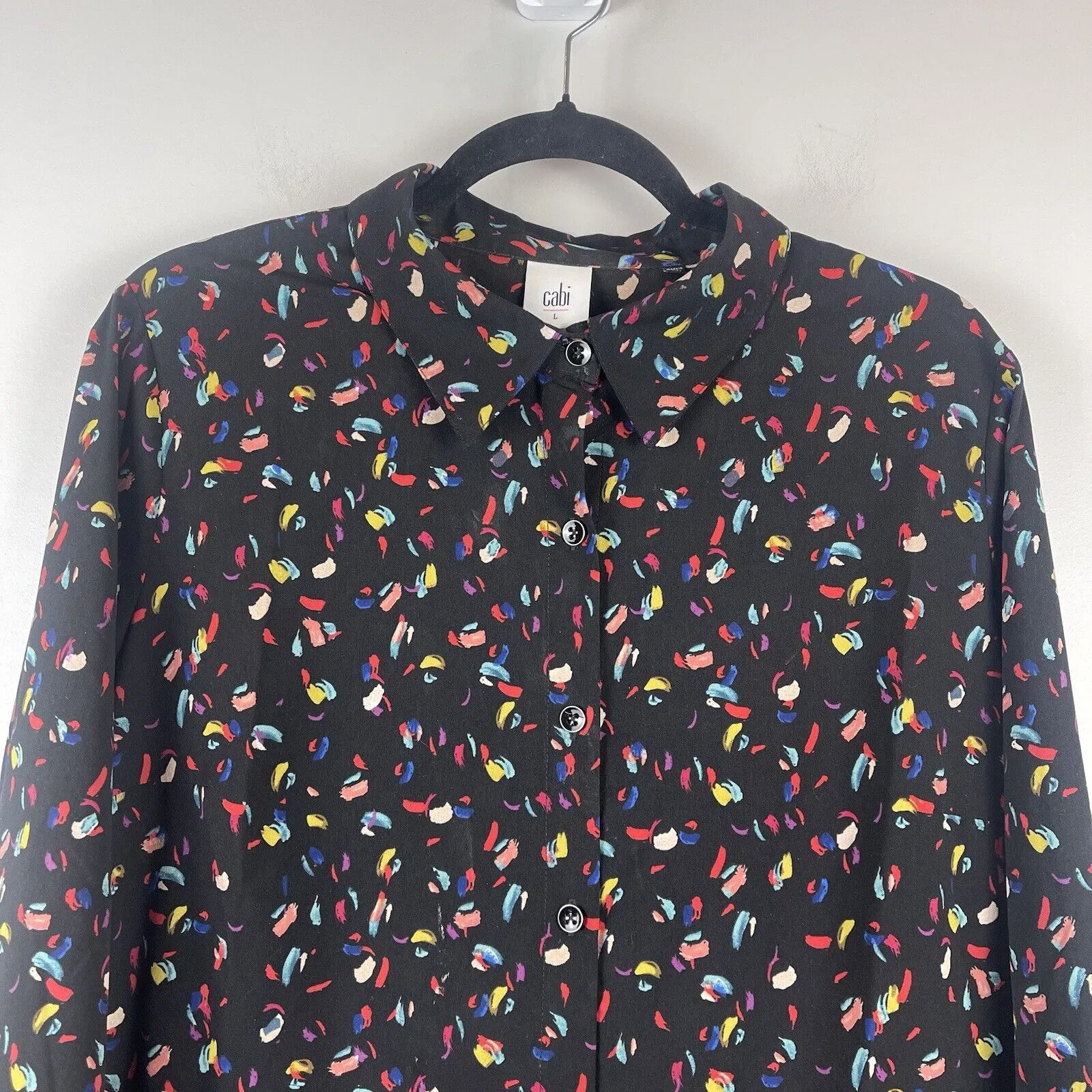 CAbi Ferris Top Blouse Large Black Multi Color Rainbow Printed Button Down 3423‎ - Image 4