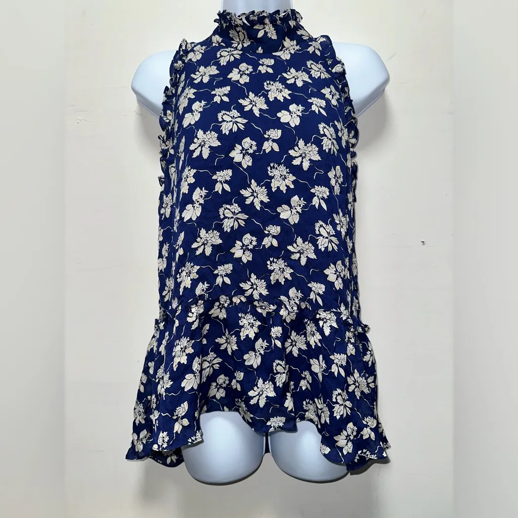 Shoshanna Blue Floral Sleeveless Mock Neck Moulten Lined‎ Top Size XS - Image 2