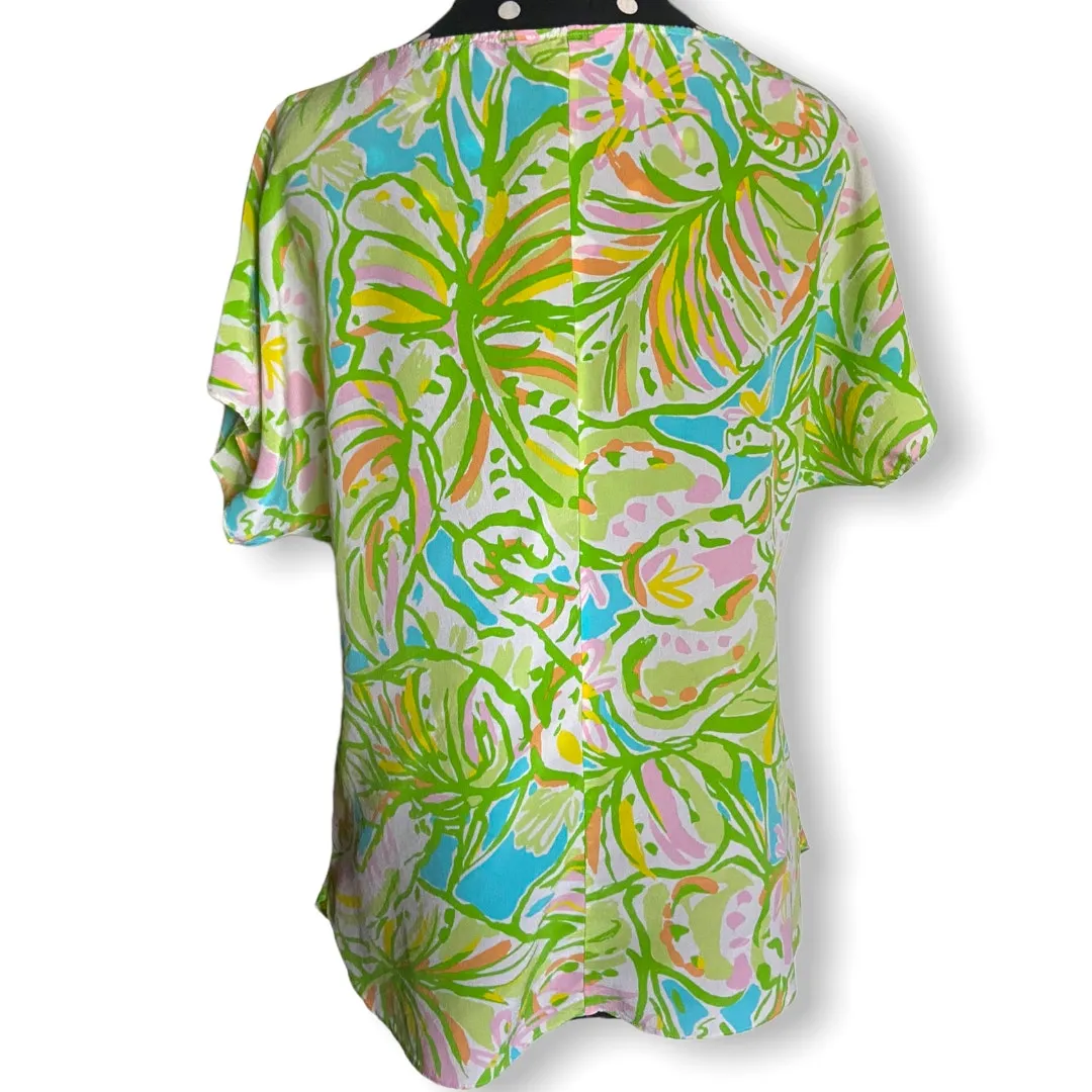 Lilly Pulitzer Womens Blouse Size S Elephant Ear Guava‎ Silk Green Pink Blue Top - Image 4