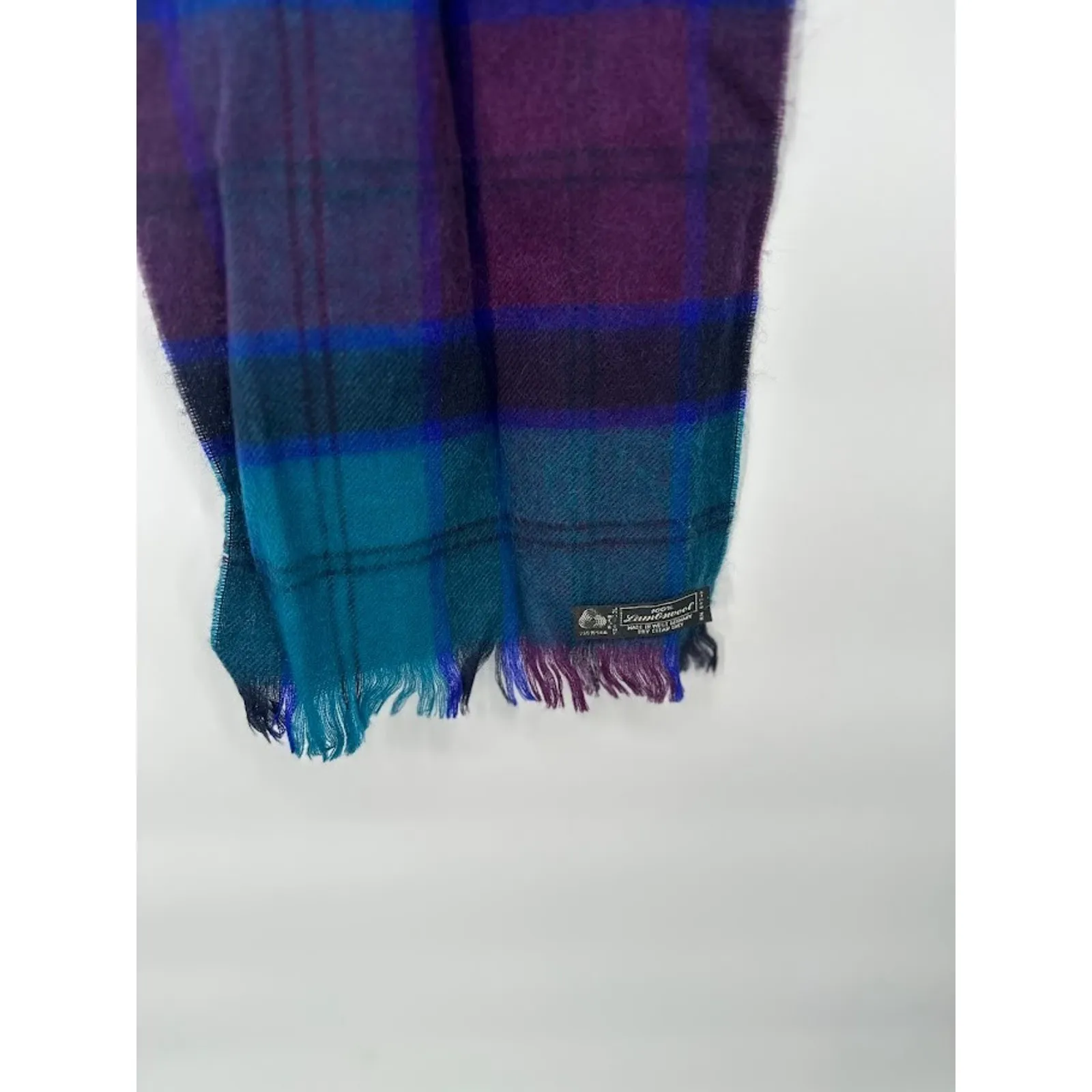 VTG Blue Purple Plaid 100% Lambswool Scarf Fringe Made in West Germany 50" Long - Image 6
