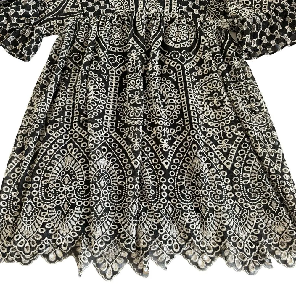 AKEMI + KIN Anthropologie Black Eyelet Boho Embroidered Mini Dress Size 2 - Image 6