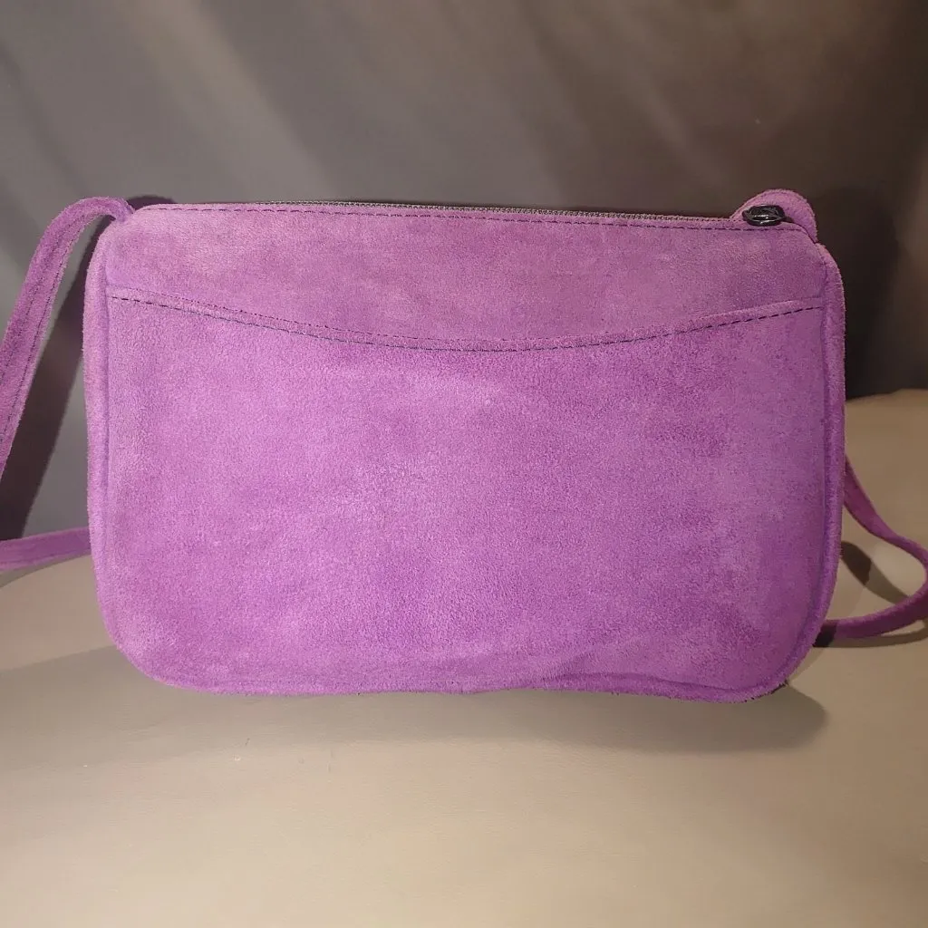 Crossbody Bag Purple Leather Purse Suede Zipper YKK Closure Vintage Compact - Image 4