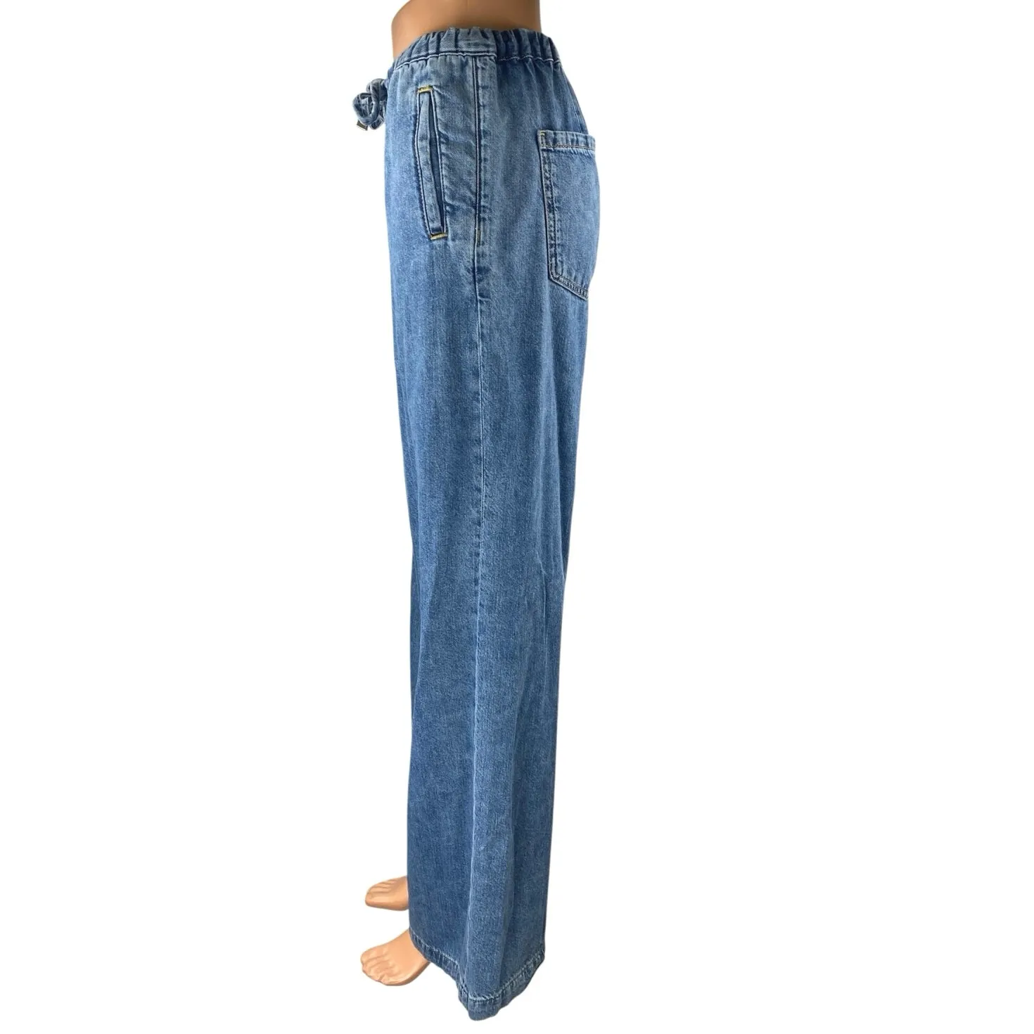 Zara Women's Blue High Waisted Tie Waist Wide Leg Baggy Denim Jeans Size S - Image 2