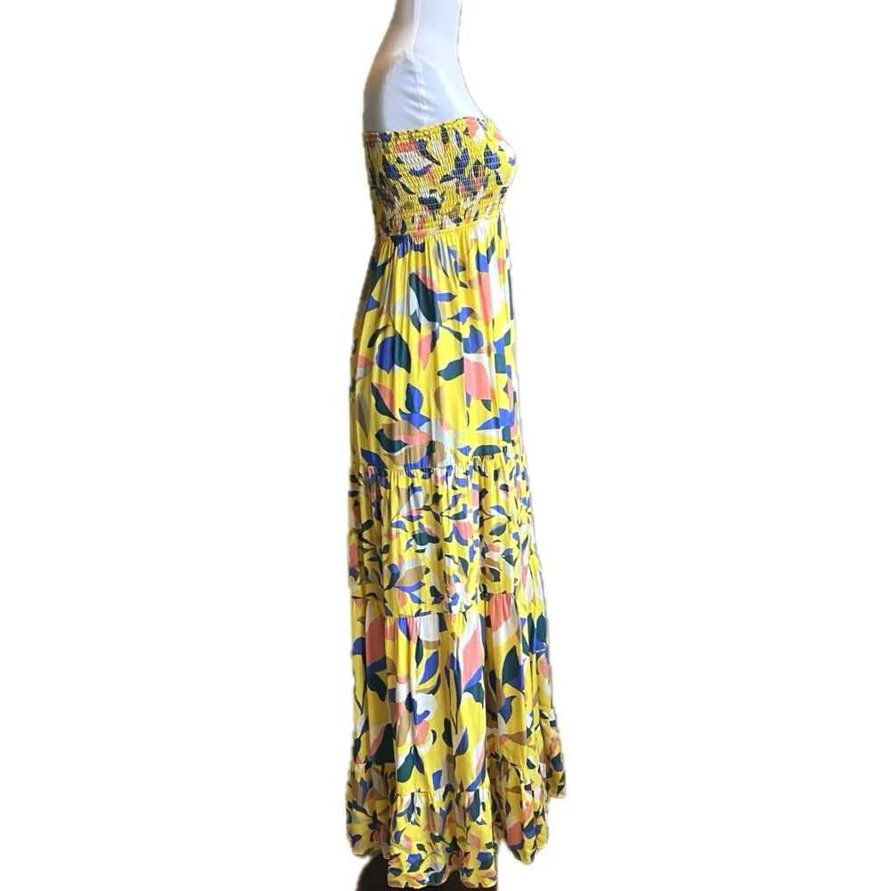 NEW MAAJI Strapless Long Smocked Tiered Maxi Dress Floral Sunshine Print Size M - Image 3