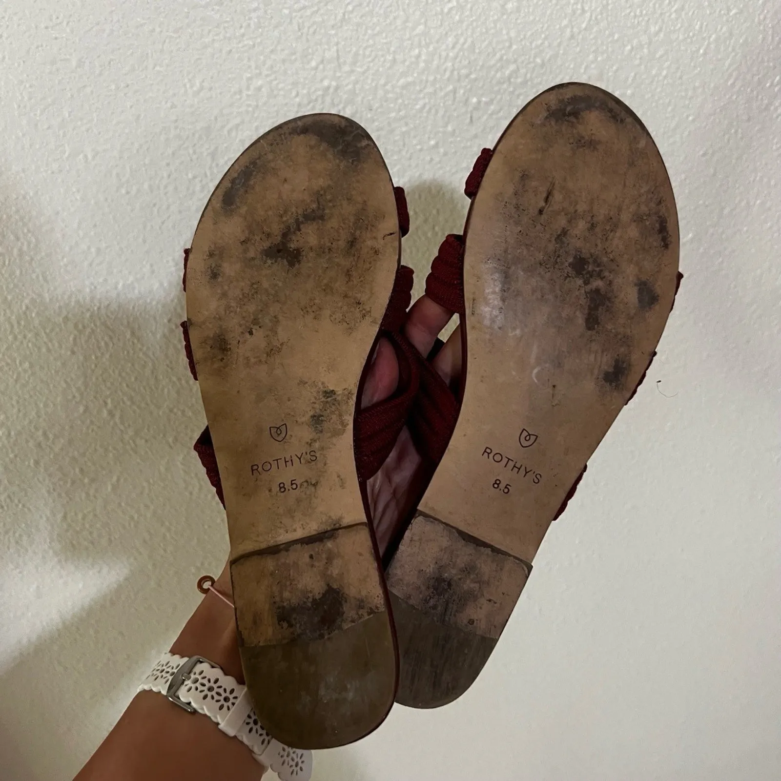 Rothy's  Womens 8.5 Sangria Red Triple Strap Flat Knit Sandals EcoFriendly - Image 5