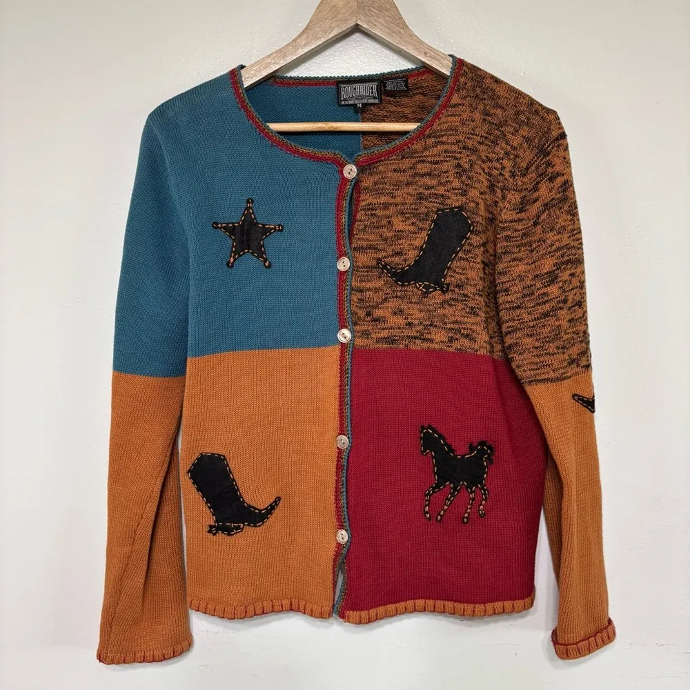Rough Rider by Circle T Color Block Western Cardigan Sweater Size L Size M Red Size M - Image 3