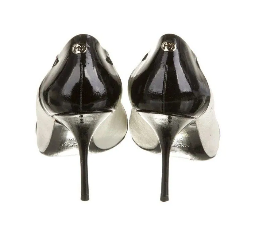 Gucci Colorblock White Suede Black Patent Peep Toe Stiletto Pumps Sz 9B - Image 3