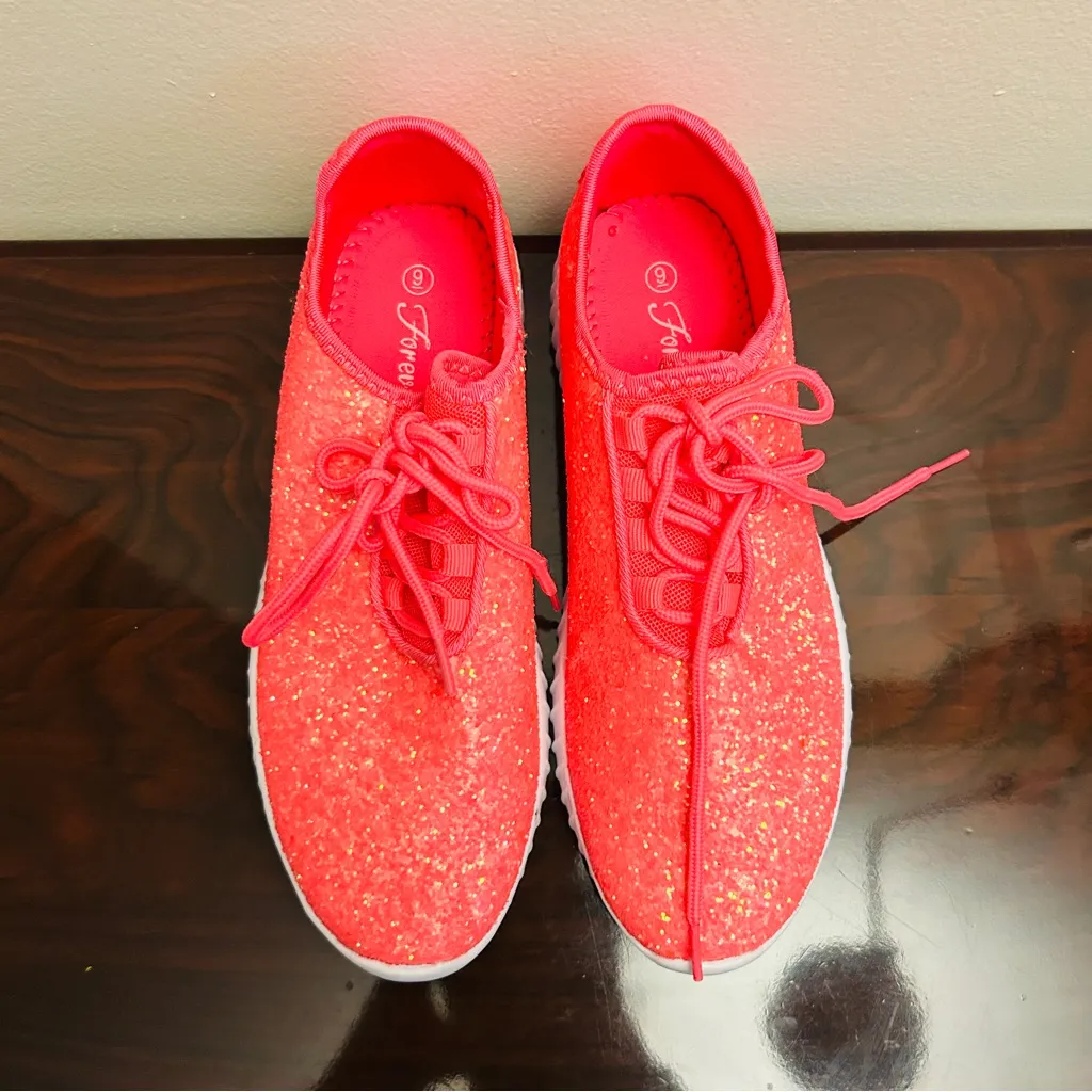 NEW Forever21 Sz 9 Sneakers Shoes Hot Pink White Glittery Electric Party Night - Image 2