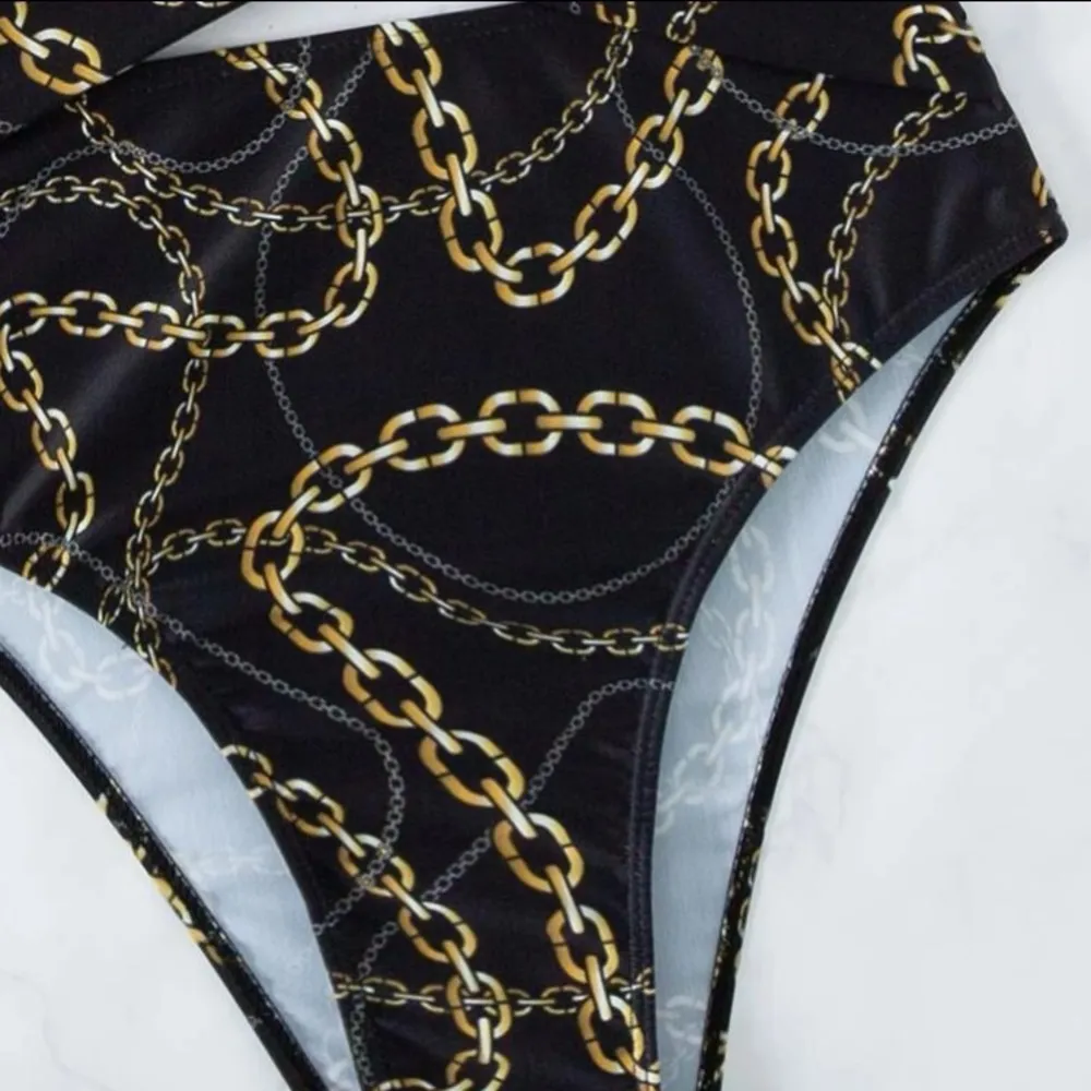 Nwt, Lavishly Paris Women’s Designer Chain Print Halter Neck One Piece Swimsuit Black Size M - Image 11