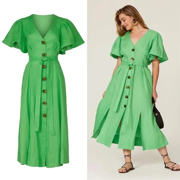 NICHOLAS • Troy Dress green linen midi puff sleeve tie waist button front Size 6 - Image 2