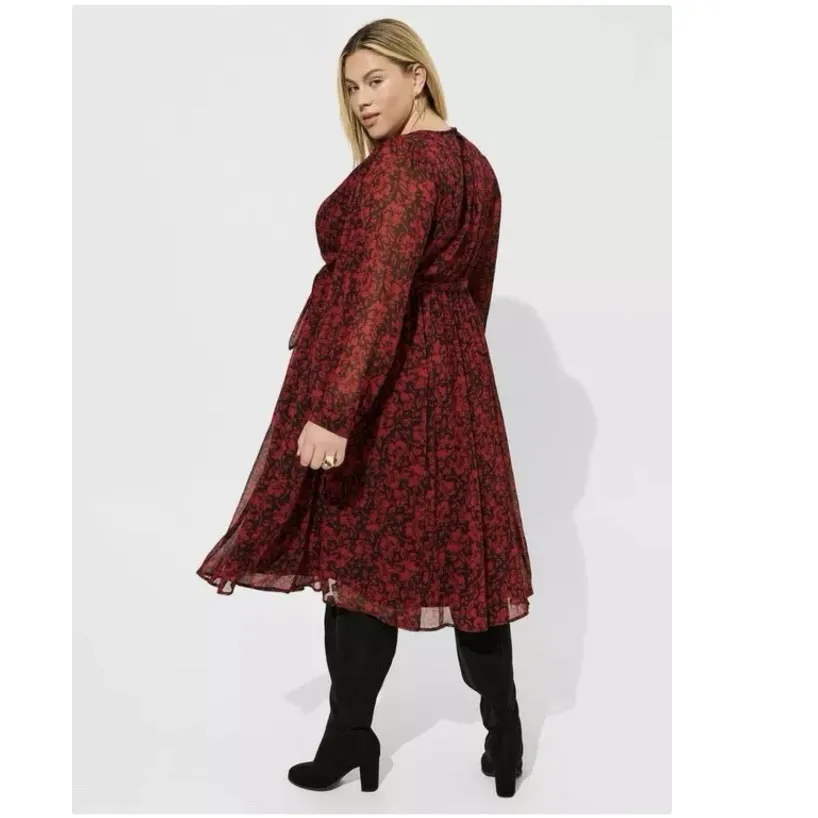 Torrid Red Black Floral‎ Crinkle Chiffon Surplice Balloon Sleeve Midi Dress 3X - Image 3