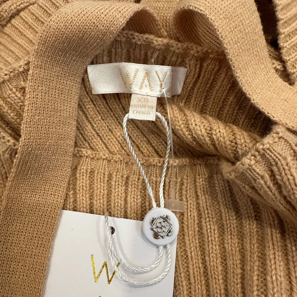 WAYF Tan Ribbed Knit Dress with Bow Detail - Image 5