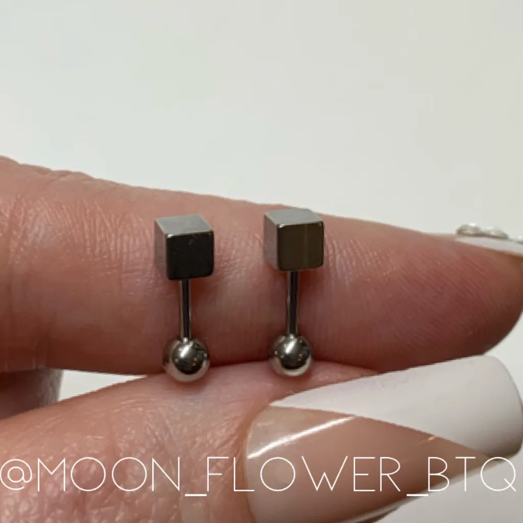 Silver Stainless Steel Cube Barbell Earrings - Image 4
