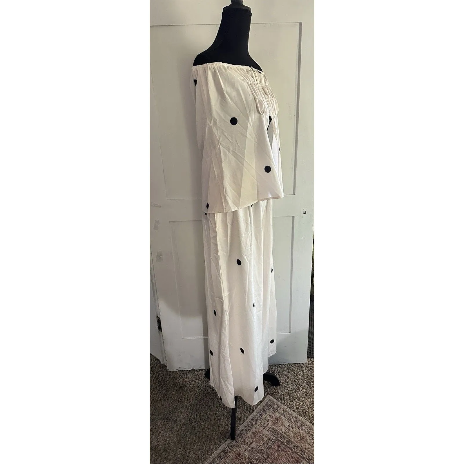 2 Piece White Polka Dot Tube Top Set Strapless Bandeau Blouse Wide Leg Pant Sz M Size M - Image 4