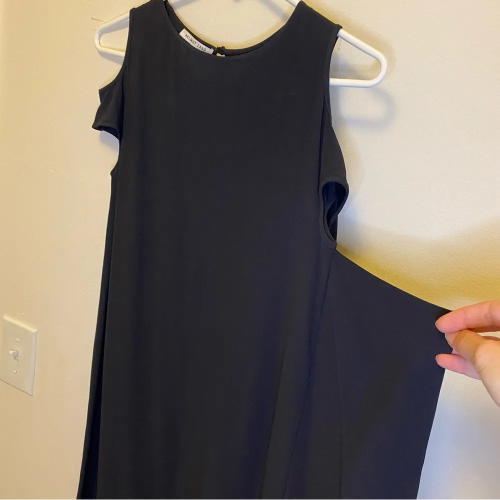 HELMUT LANG Tie Sleeve Asymmetrical Satin Crepe Midi Shift Dress in Black Sz XS - Image 11