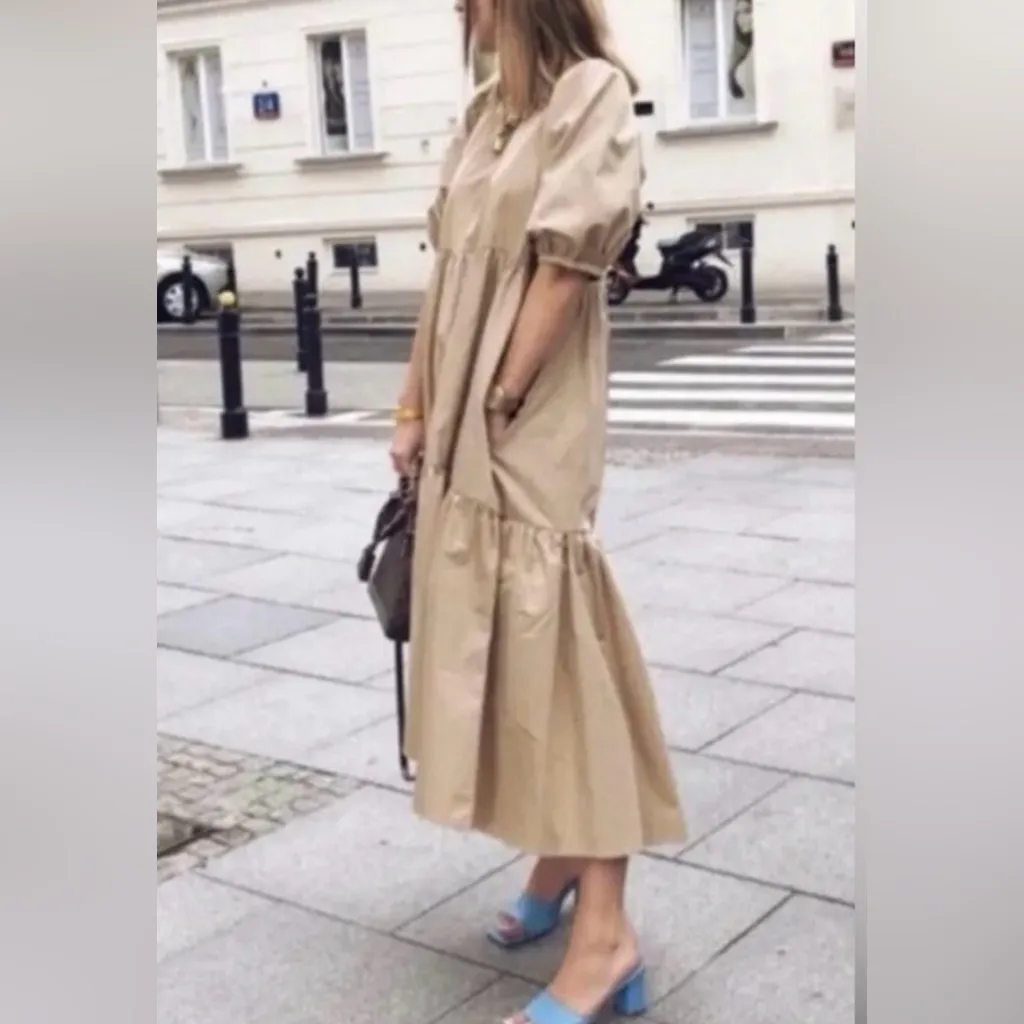 ZARA Asymmetric Puff Sleeve Tiered Cotton Poplin Midi Dress‎ in Camel Size XS - Image 9