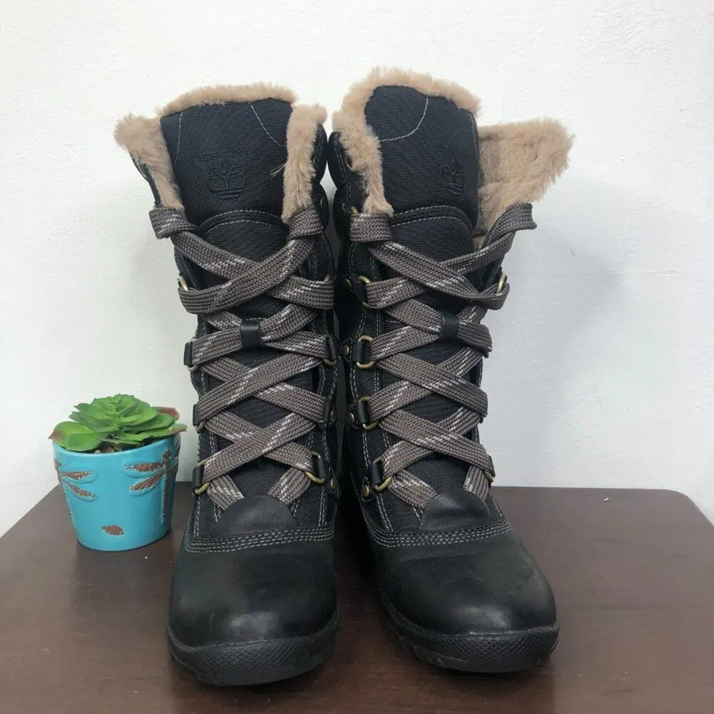 Timberland Mount Hope Mid Waterproof Lace Up Black Faux Fur Winter Boots Size 6 - Image 2