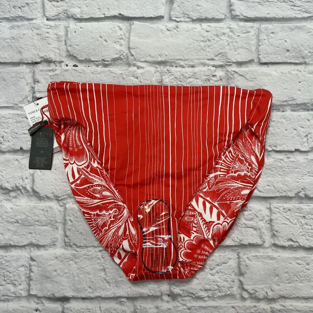 VINCE CAMUTO Red Floral Stripe Bikini Reversible High Leg Swimsuit Bottom L New - Image 5