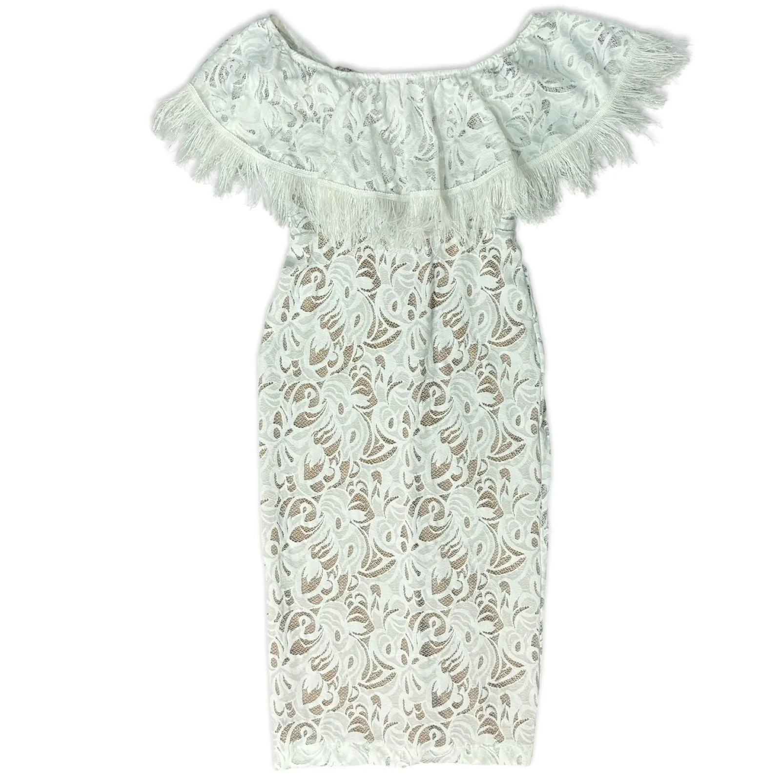 Grace Loves Lace Dominga Nude White Fringe Off Shoulder Midi Wedding Dress sz M Size M - Image 10