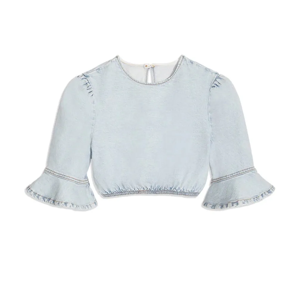 NWT WeWoreWhat Crop Top Comfort Denim Super Light Stone Wash Ruffle Sleeves sz L - Image 3