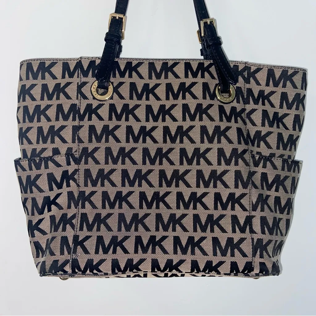 Michael Kors Jet Set East West Jacquard Black and Tan Logo Tote - Image 7