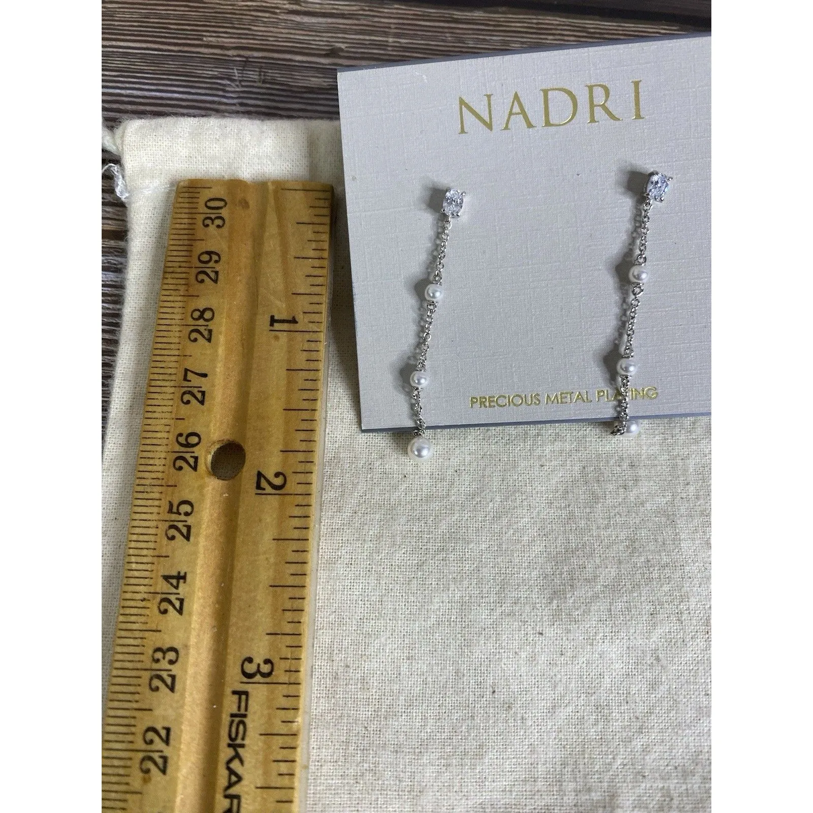 NADRI Cubic Zirconia & Imitation Pearl Linear Drop Earrings Silvertone NEW CARD Silver - Image 6