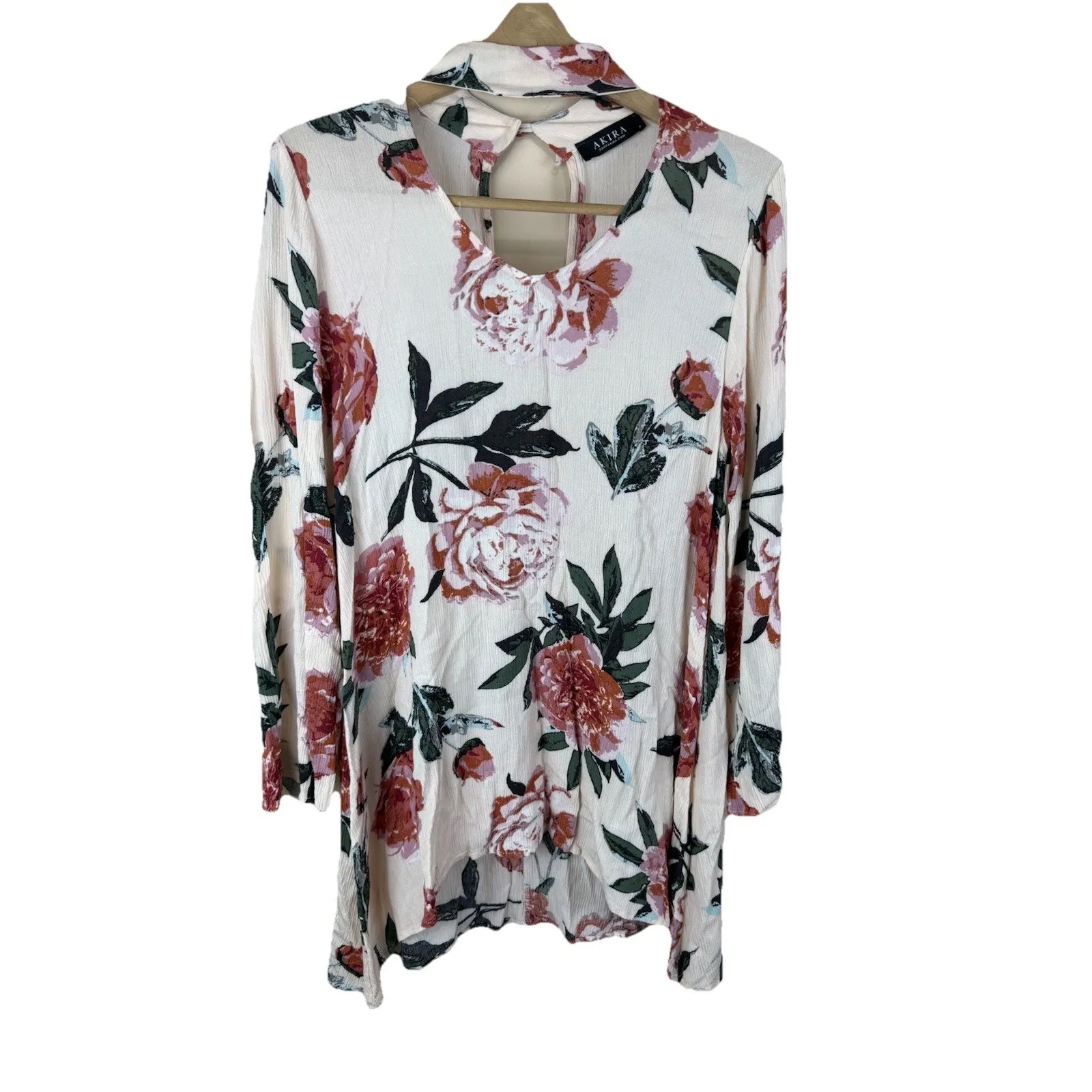 Akira Women’s Loose Chiffon Floral Blouse with V-Neck and Choker Detail Size S - Image 2