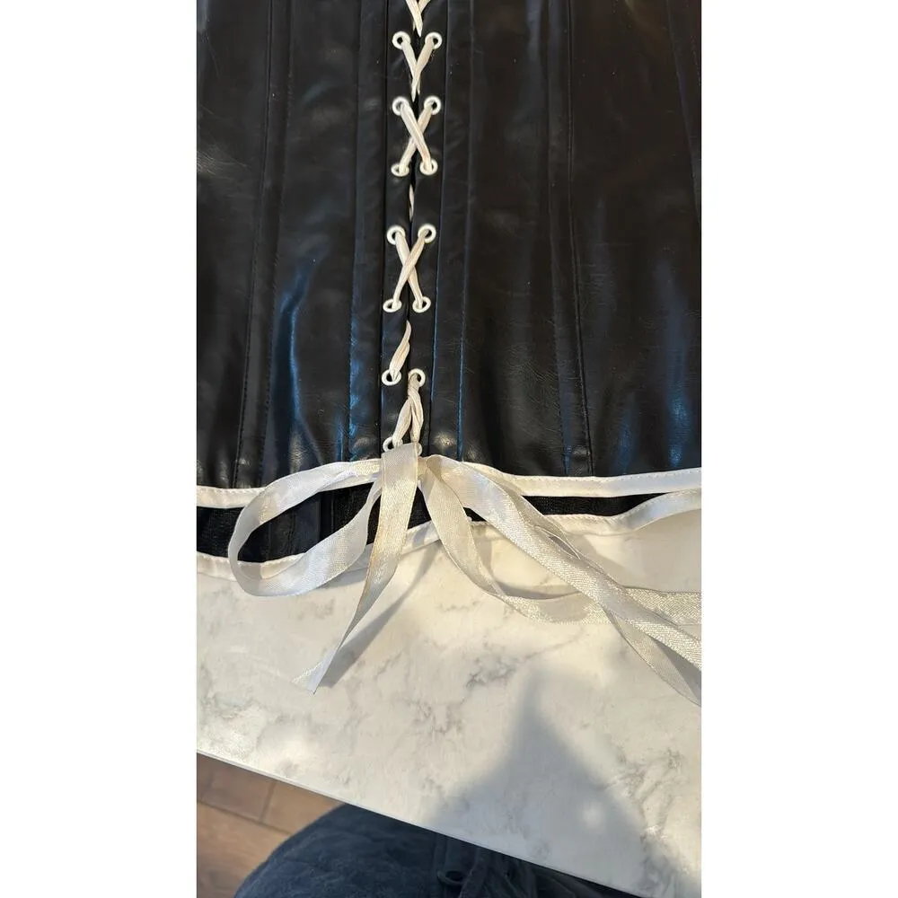 Faux Leather black white trim corset hook and eye closure in front adjustable L - Image 8