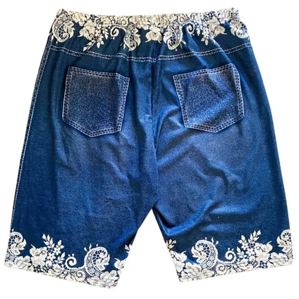 NWOT ~ Stretchy Denim Jean Look Pull On Shorts Lace Butterfly Trim Plus Size 3X - Image 5