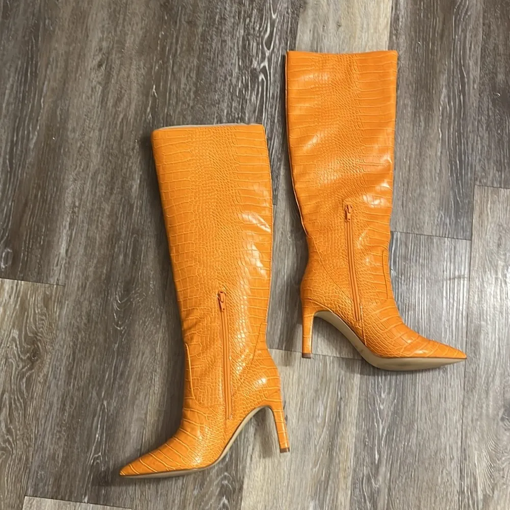 Nine West Richie tall orange pointed toe stiletto heeled boots size 6.5 croc - Image 6