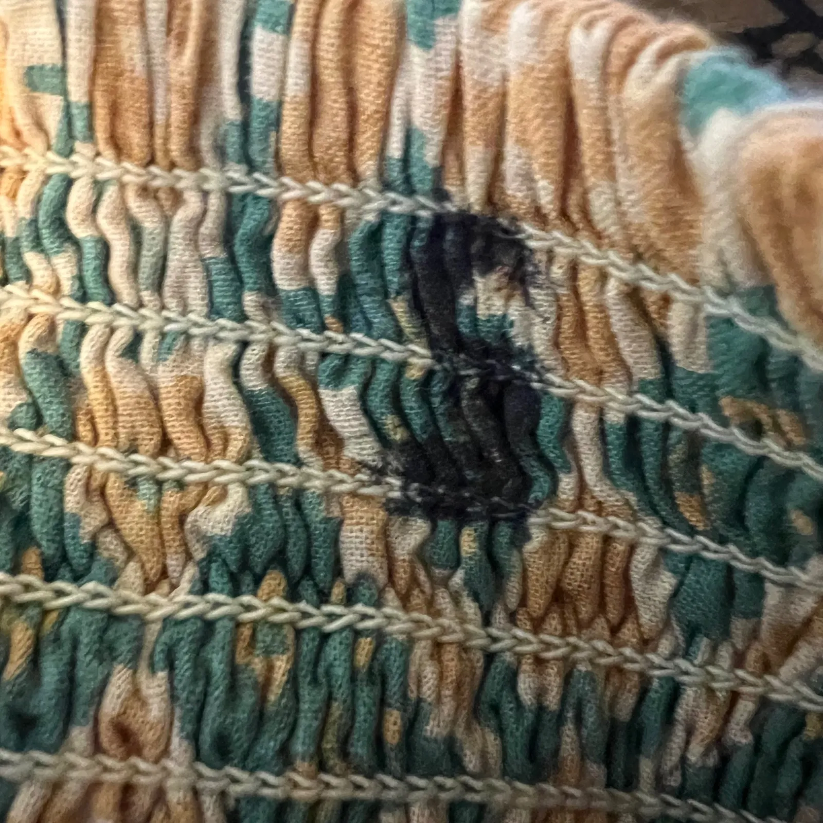 Bohemian Patchwork Wide Leg Pants Size S Smocked Waist Boho Festival Hippie Tan - Image 8