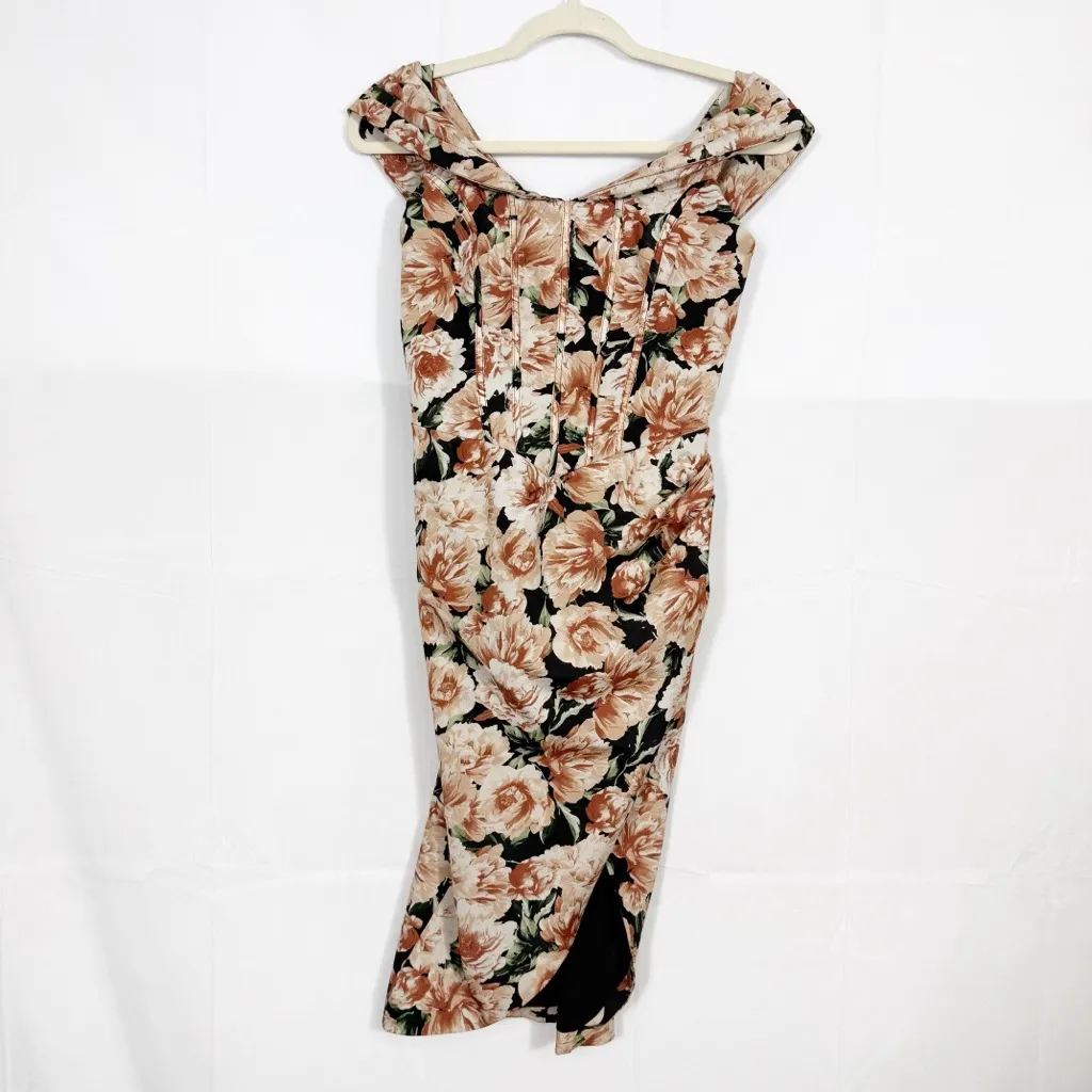 Lavish Alice Floral Rose Print Off The Shoulder Corset Midi Dress - Image 3