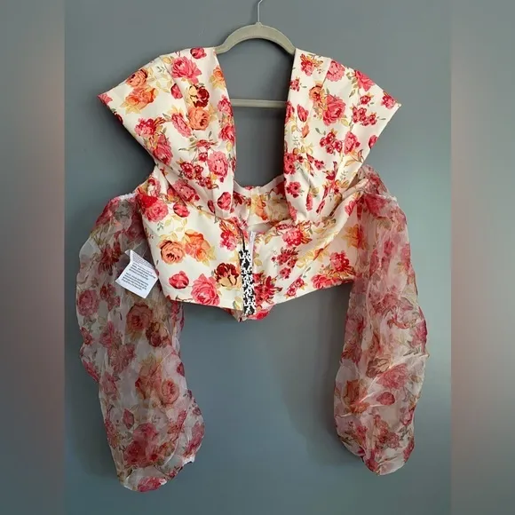 ASOS DESIGN Fallen Shoulder Top w/ Organza Sleeve in Pink Floral Print SZ 14 NWT - Image 6