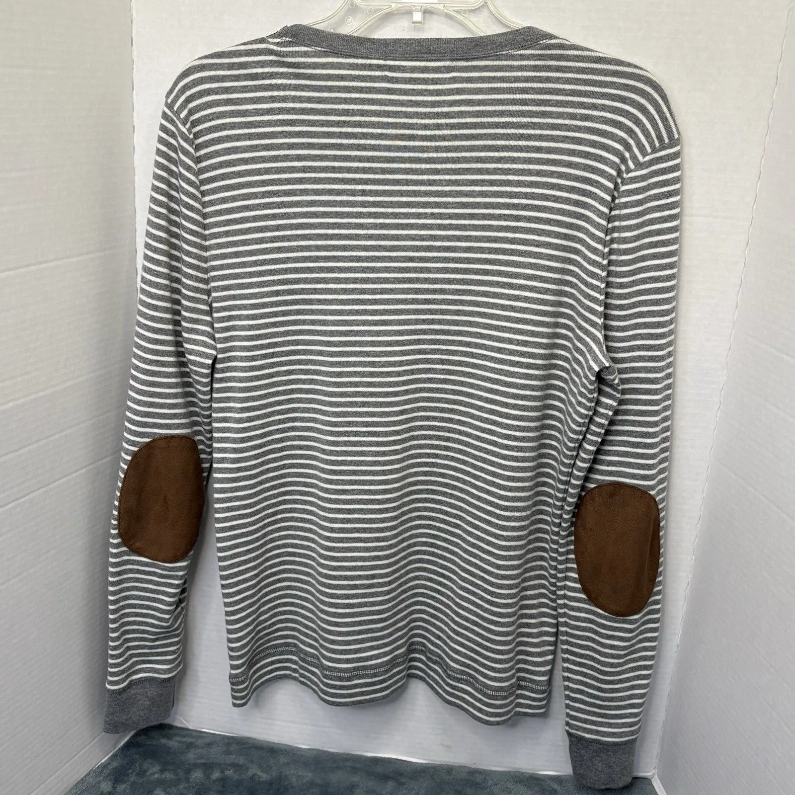 Lauren Ralph Lauren Top L Gray Striped Faux Suede Elbow Patch Zip Shoulder - Image 4