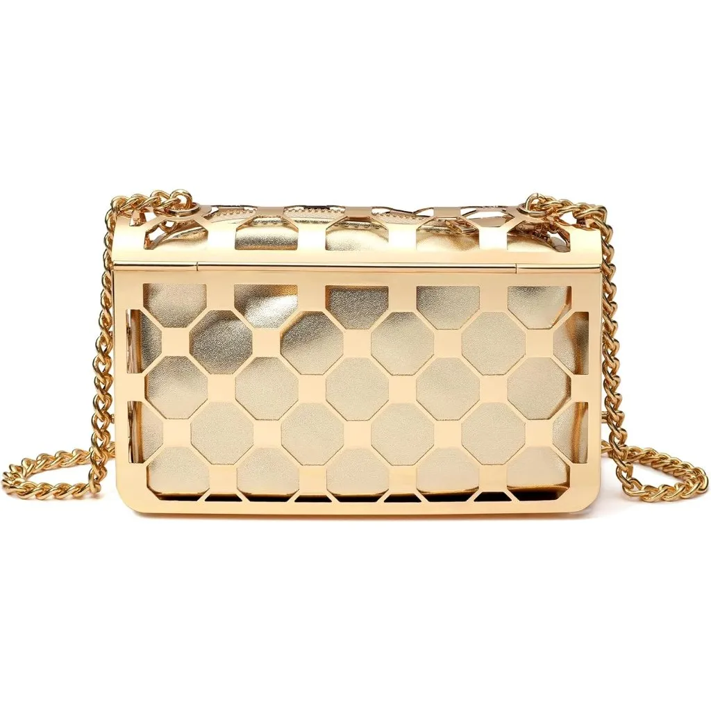 ⚡ Women's Gold Evening Elegant Exquisite Metal Hollow Clutch Crossbody Handbag - Image 2