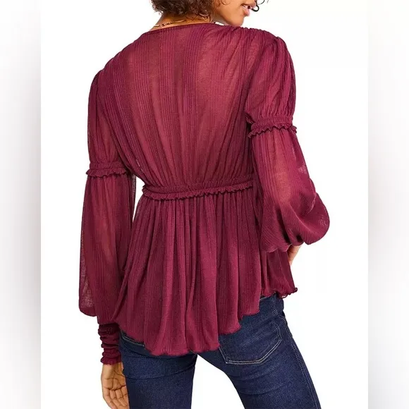 Revolve Free People Day Dreaming Ruffled Balloon Sleeve Top small burgundy - Image 2