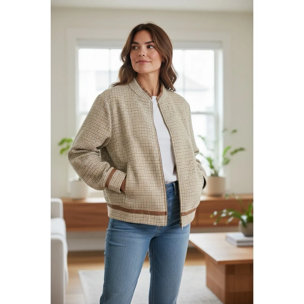 Pendleton Houndstooth Plaid Jacket grey beige blue 22 W - Image 2