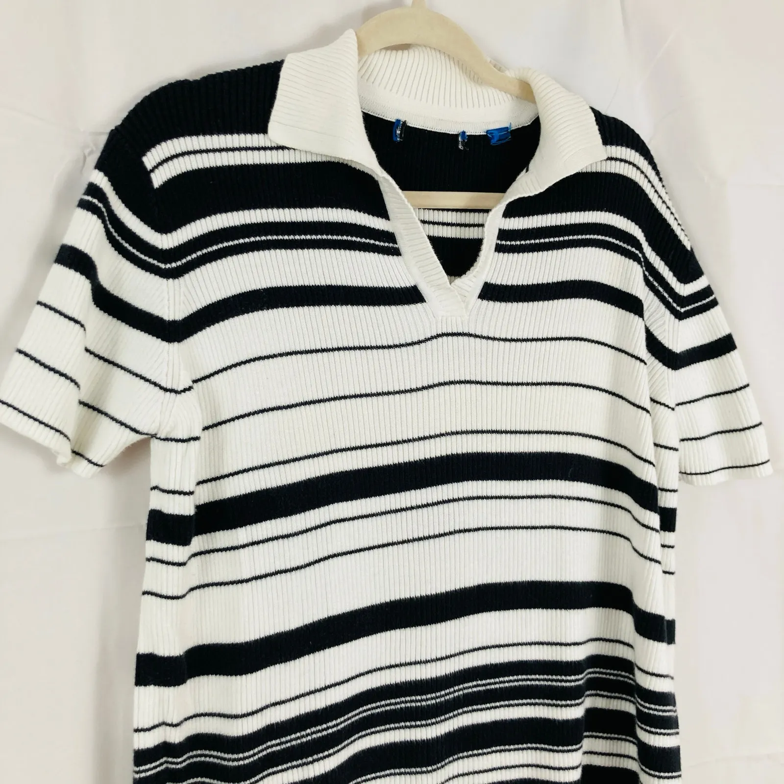 VTG Womens L White & Black Stripe Ribbed Polo Sweater Preppy 90s Old Money Retro Size L - Image 3
