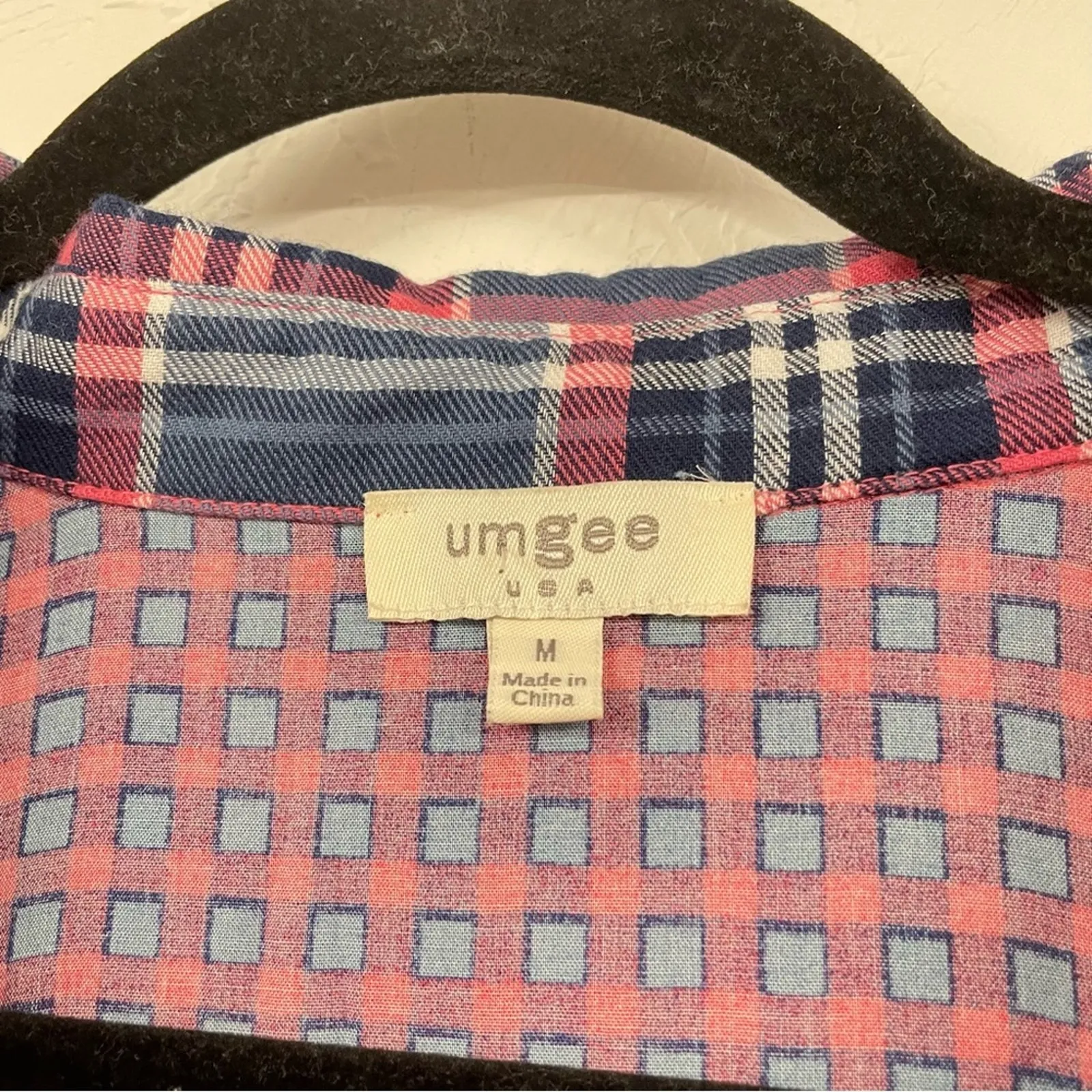 Umgee Blue & Pink Plaid Patchwork Overall Button Down Shirt Womens M Boho - Image 3