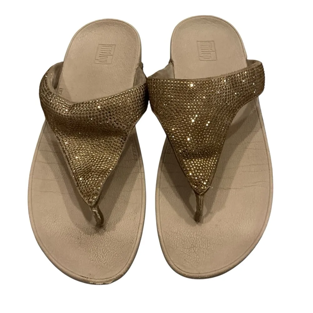 FitFlop lulu shimmer foil sandals women’s 9 hold rhinestone wedge T-strap - Image 2