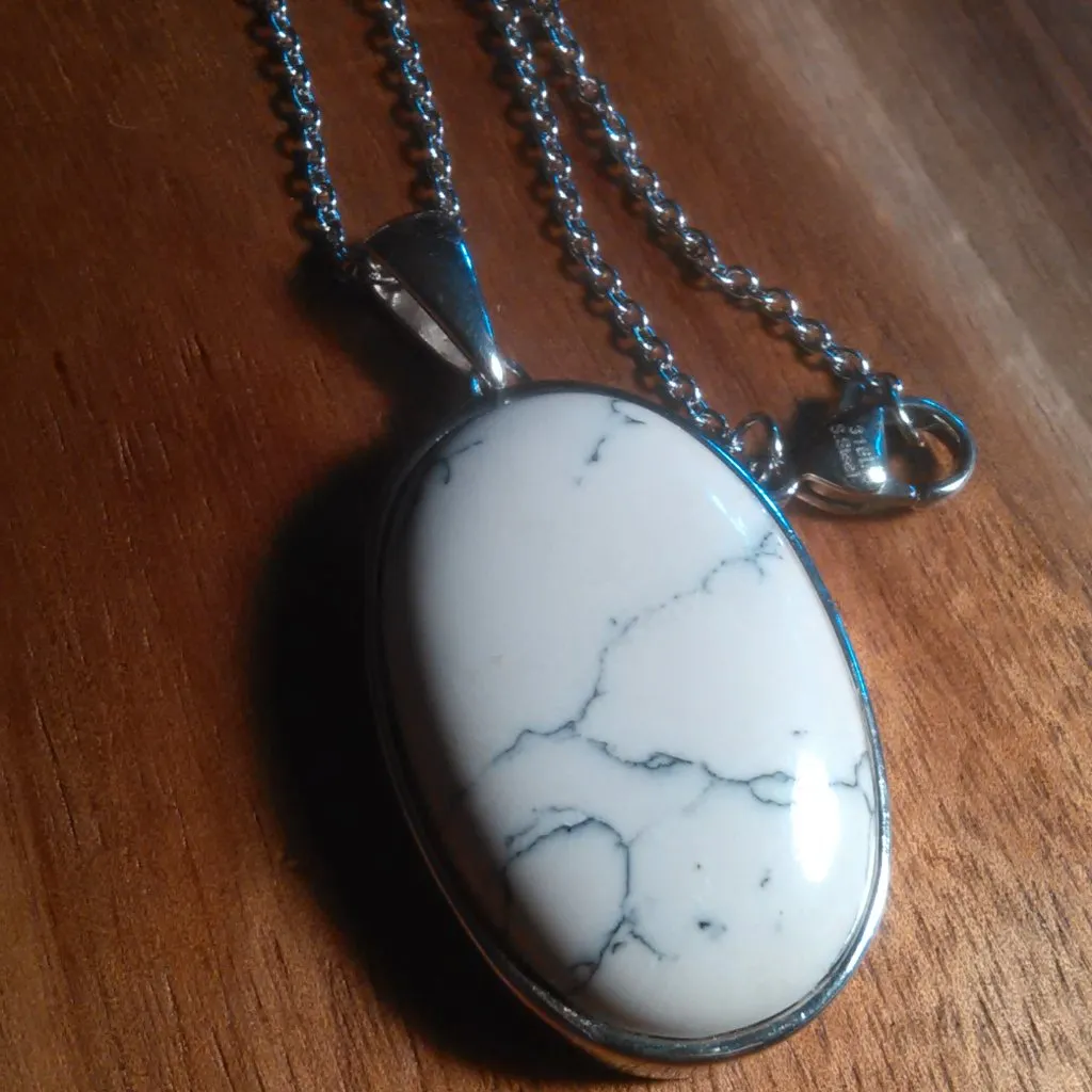 White Howlite Horse Design Platinum Bond Pendant Stainless Steel Necklace - Image 2