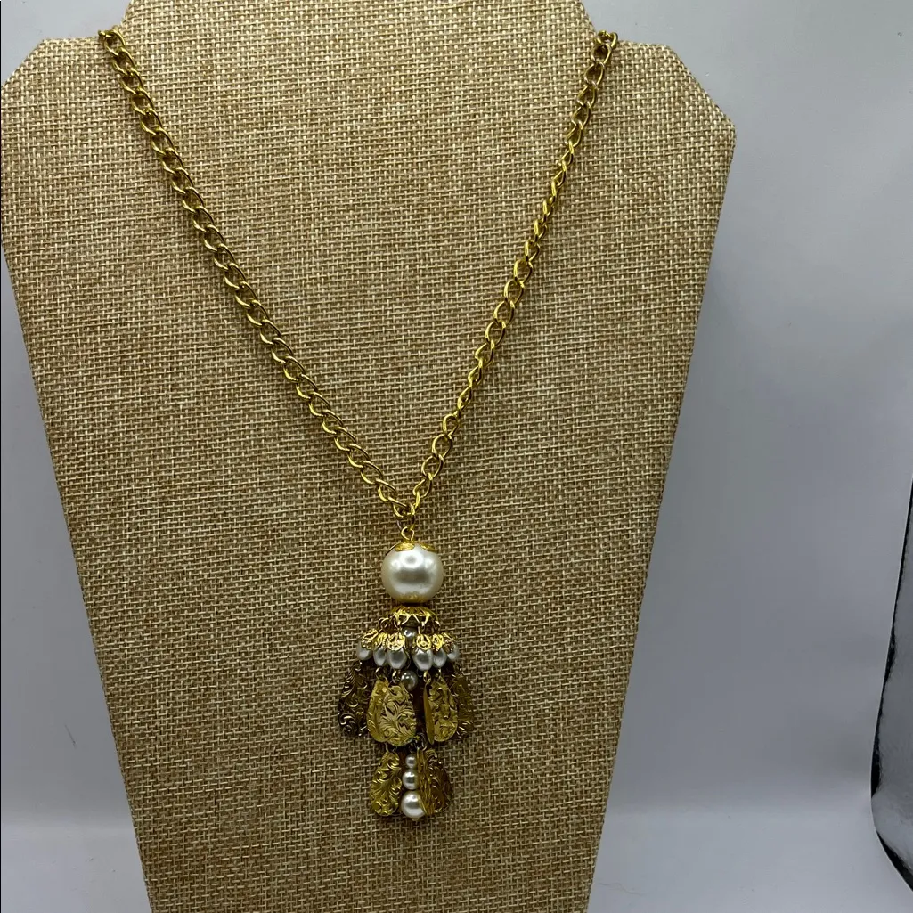 Tassel Vintage Gold Necklace with Pearl Dangle Filigree Necklace - Image 12