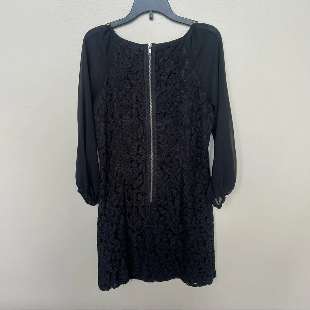 Adrianna Papell Elegant Black Lace Overlay Dress Sheer 3/4 Length Sleeve 8P - Image 5