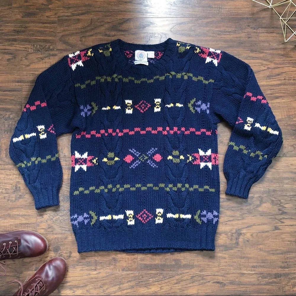 vintage • handknit sweater pullover chunky oversized navy blue 1990s cable knit Size L - Image 3