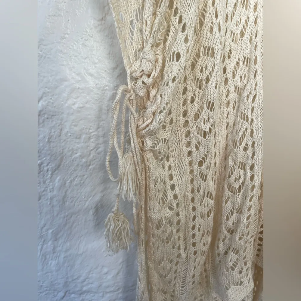Vintage Womens Tunic Coverup Beige Crochet Tassel Relaxed Sheer Hippie Boho; M Tan Size M - Image 2