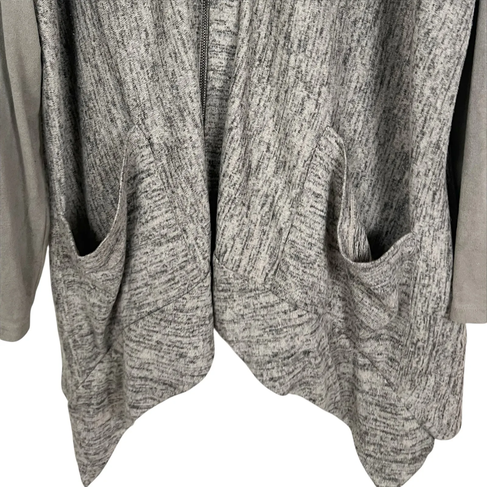 LOGO Lori Goldstein Faux Suede Sleeve Marled Knit ZIp Front Cardigan Gray XL - Image 4