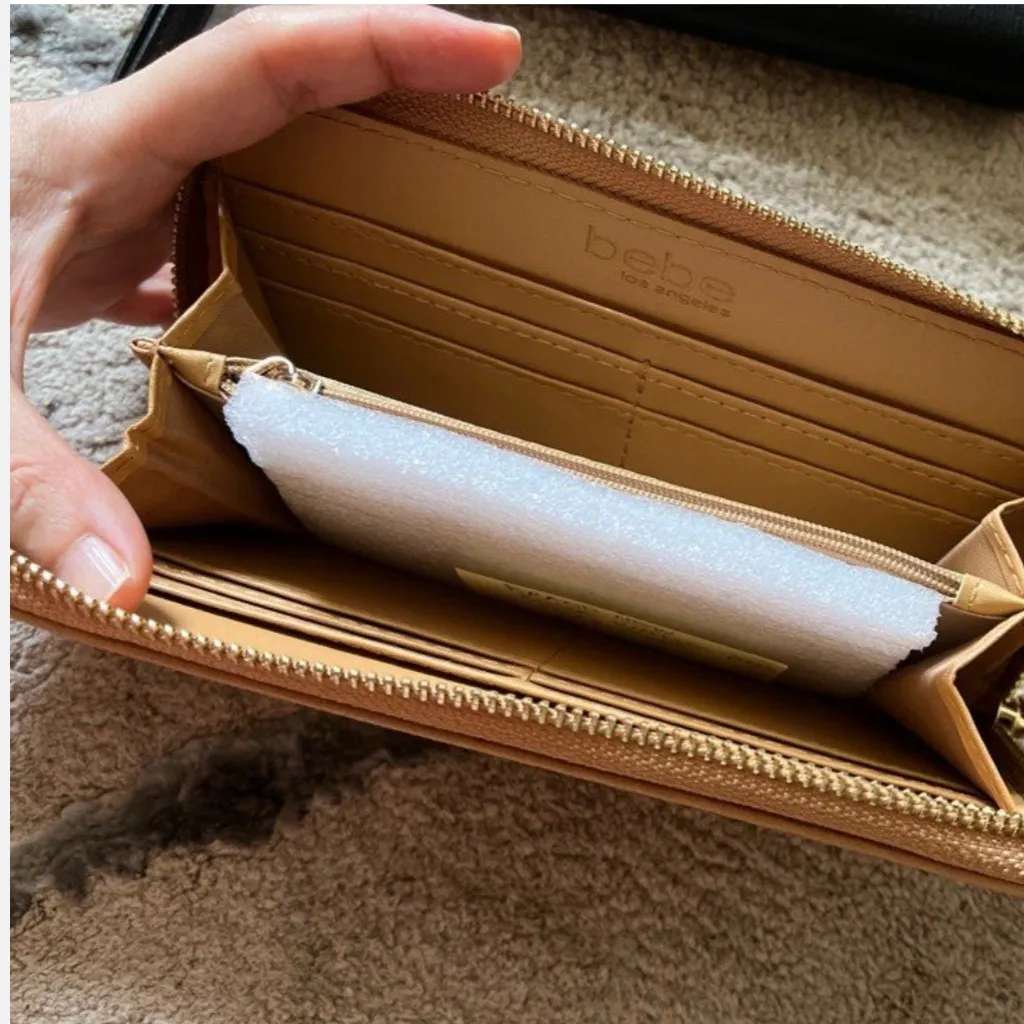 bebe Gianna Zip Around Wristlet in Tan Pebbled Vegan Saffiano 4” x 7.5” x 1.5” - Image 9